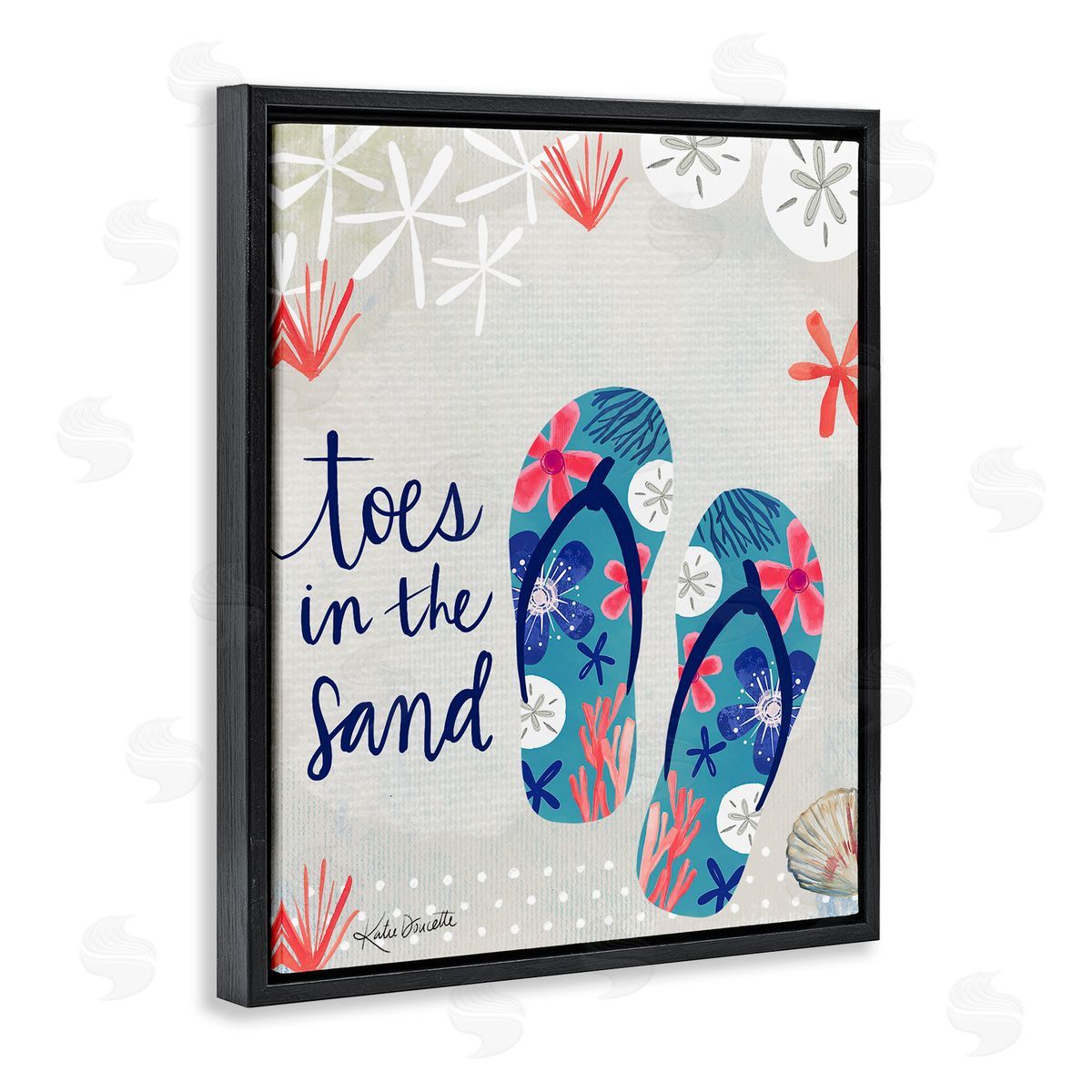 Katie Doucette Toes In Sand Varied Beach Botanical Patterned Flip-Flops Black Floating Frame Canvas Wall Art Print