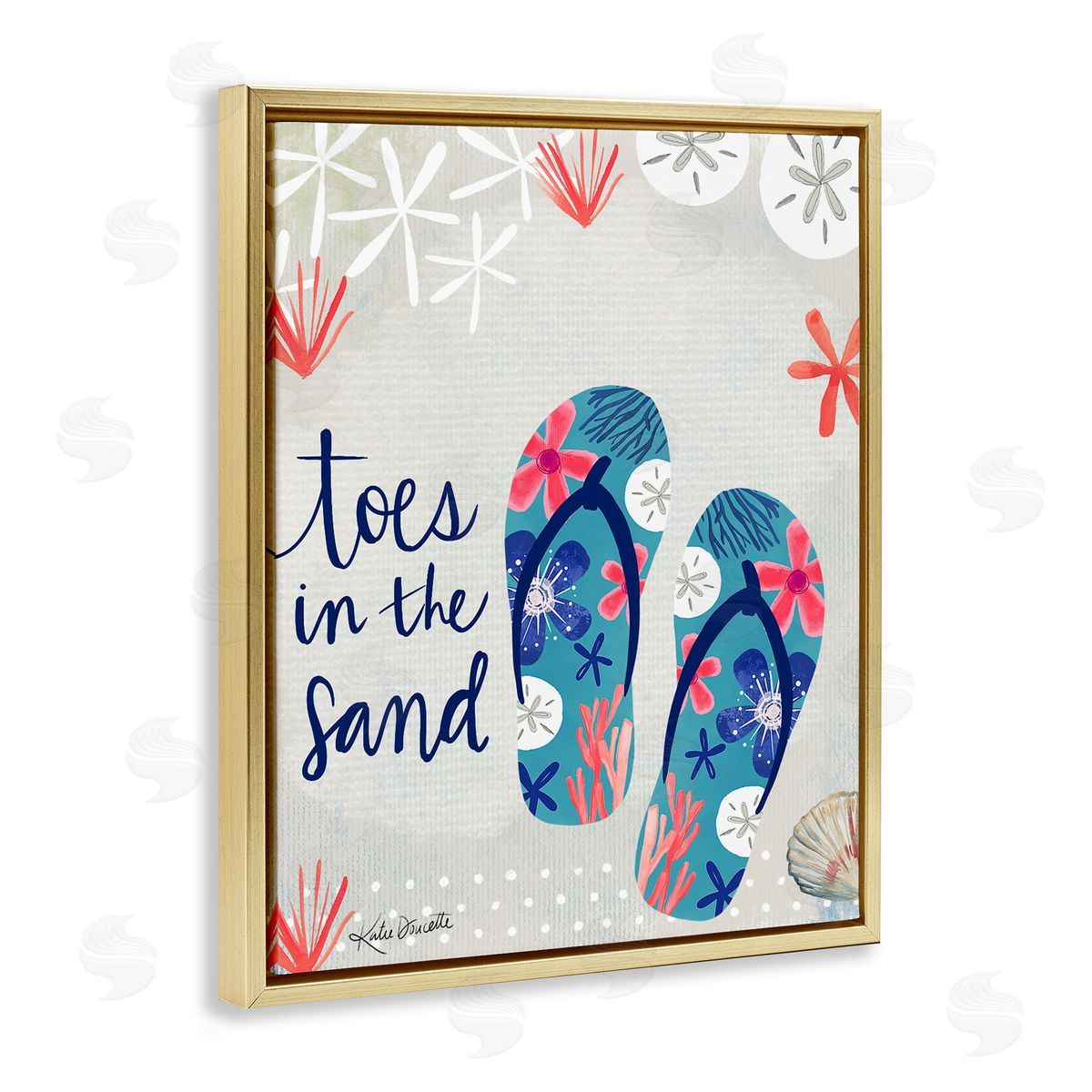 Katie Doucette Toes In Sand Varied Beach Botanical Patterned Flip-Flops Gold Floating Frame Canvas Wall Art Print