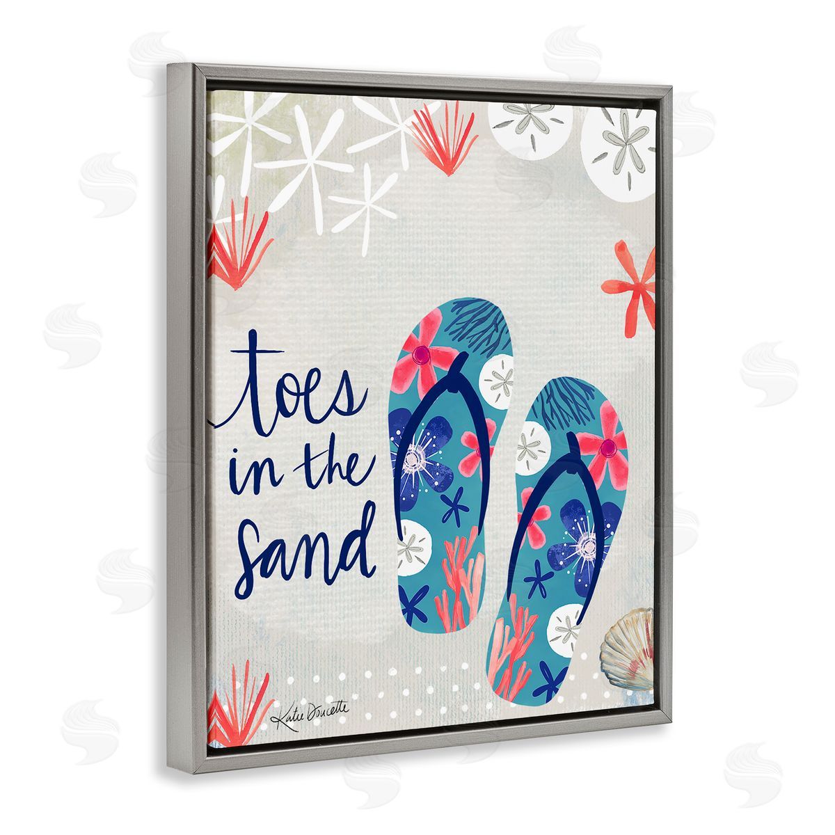 Katie Doucette Toes In Sand Varied Beach Botanical Patterned Flip-Flops Gray Floating Frame Canvas Wall Art Print
