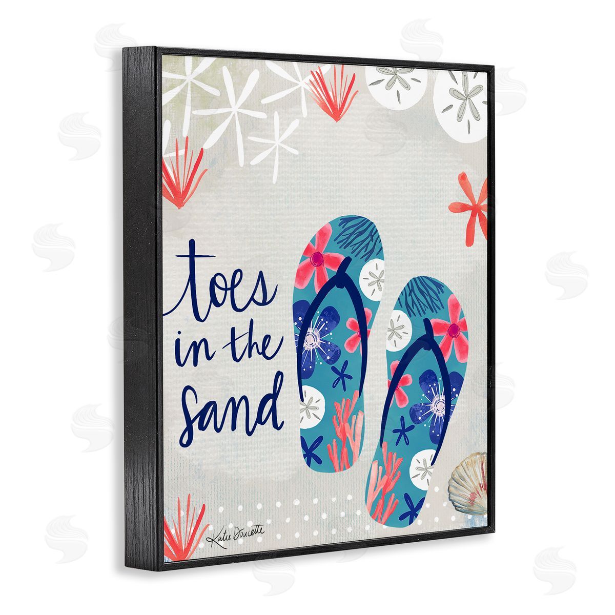 Katie Doucette Toes In Sand Varied Beach Botanical Patterned Flip-Flops Black Framed Giclee Wall Art Print