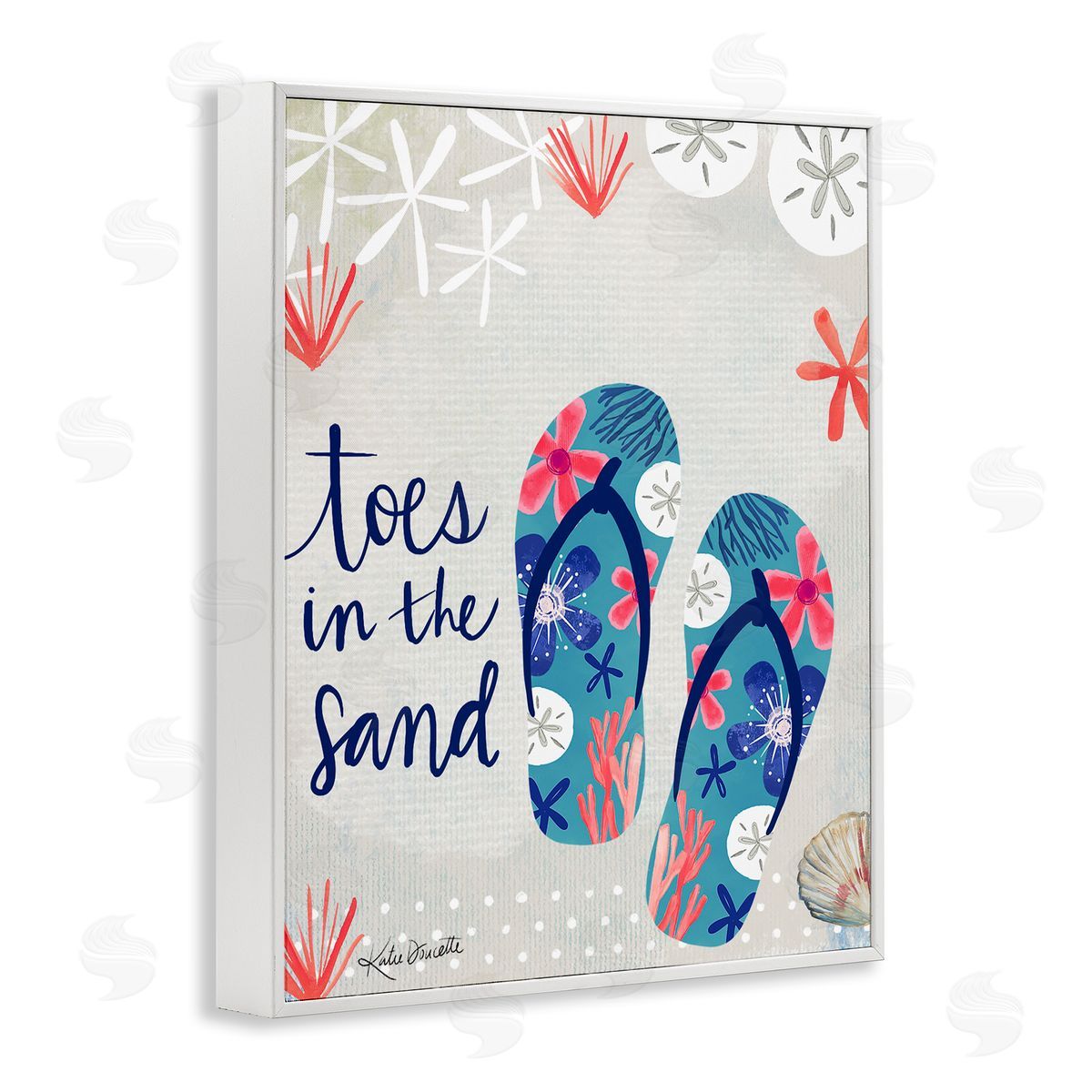 Katie Doucette Toes In Sand Varied Beach Botanical Patterned Flip-Flops White Framed Giclee Wall Art Print