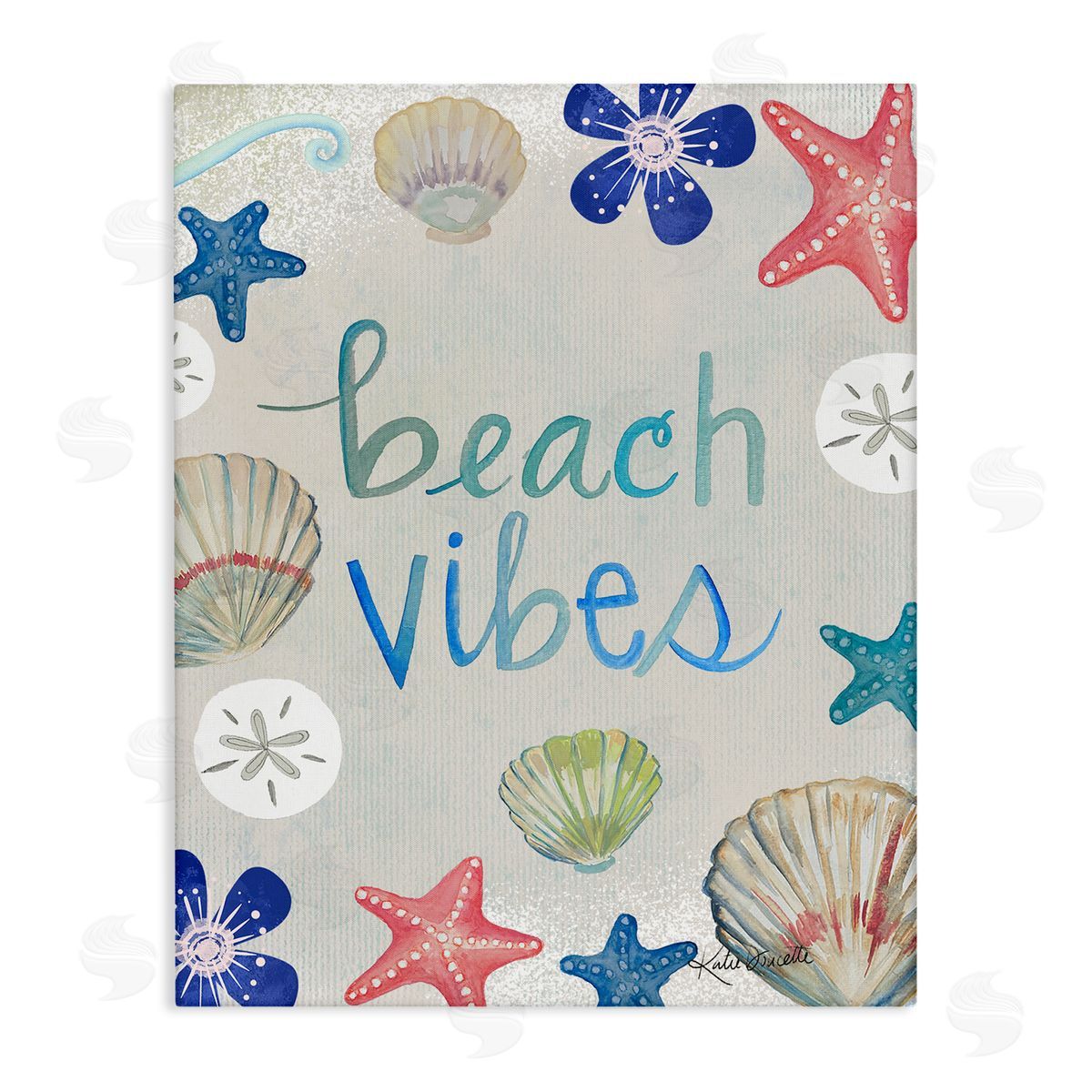 Katie Doucette Beach Vibes Calligraphy Nautical Seashell Flowers Stretched Canvas Wall Art Print