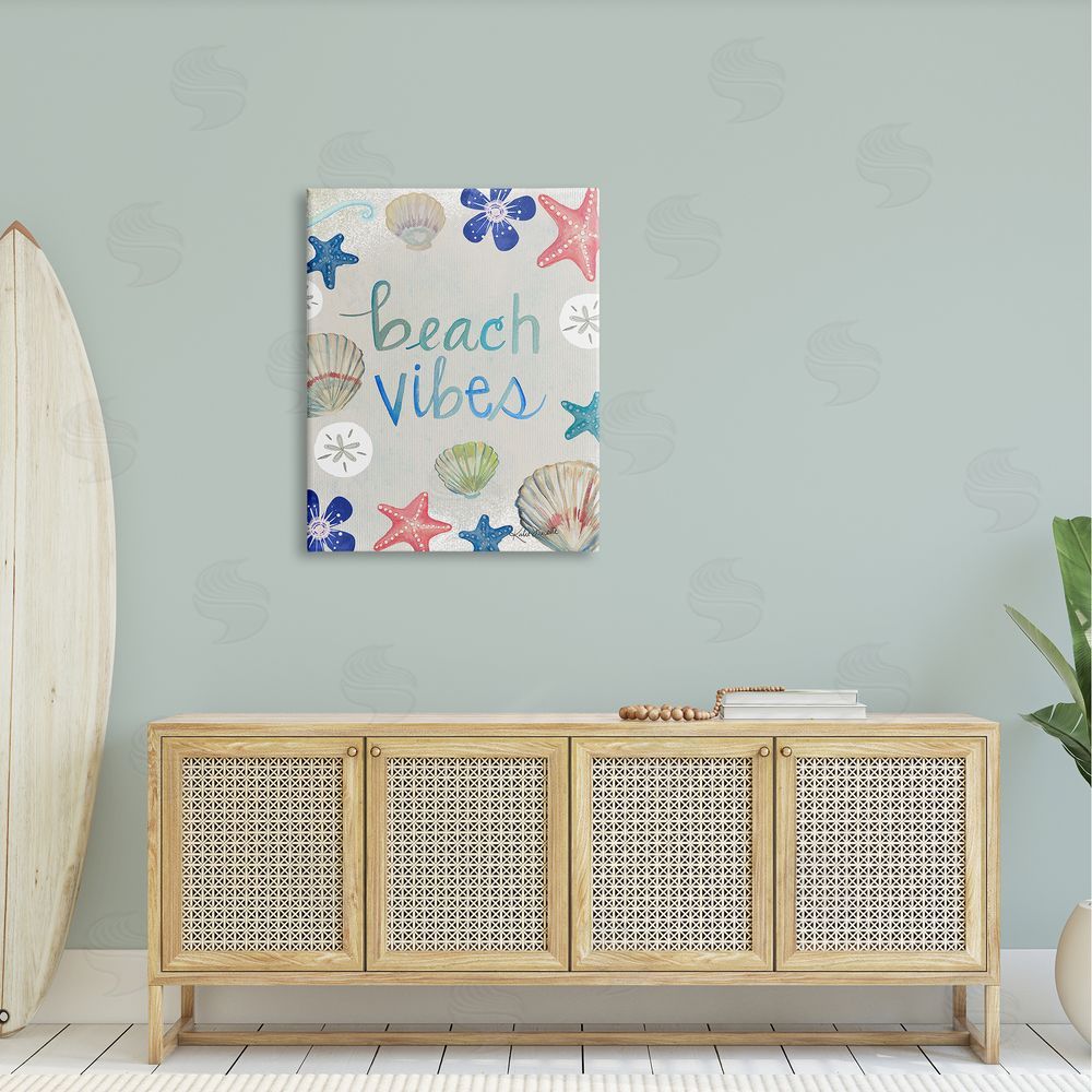 Katie Doucette Beach Vibes Calligraphy Nautical Seashell Flowers Canvas Wall Art Print in Room