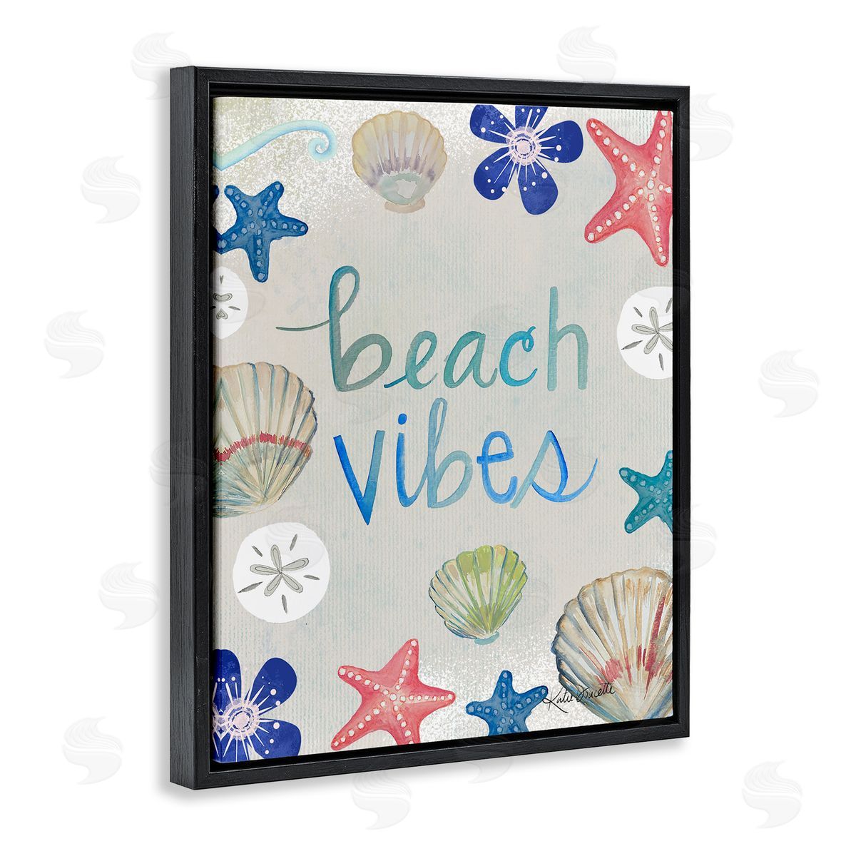 Katie Doucette Beach Vibes Calligraphy Nautical Seashell Flowers Black Floating Frame Canvas Wall Art Print