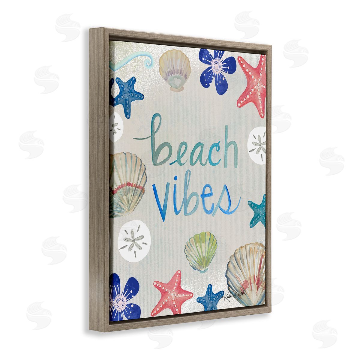 Katie Doucette Beach Vibes Calligraphy Nautical Seashell Flowers Brown Floating Frame Canvas Wall Art Print
