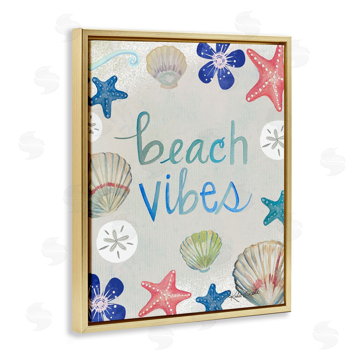 Katie Doucette Beach Vibes Calligraphy Nautical Seashell Flowers Gold Floating Frame Canvas Wall Art Print