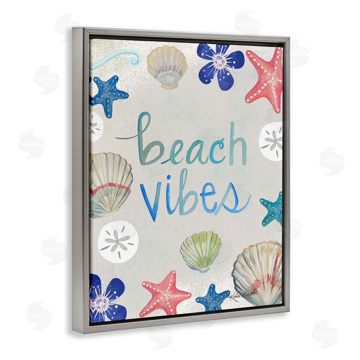 Katie Doucette Beach Vibes Calligraphy Nautical Seashell Flowers Gray Floating Frame Canvas Wall Art Print