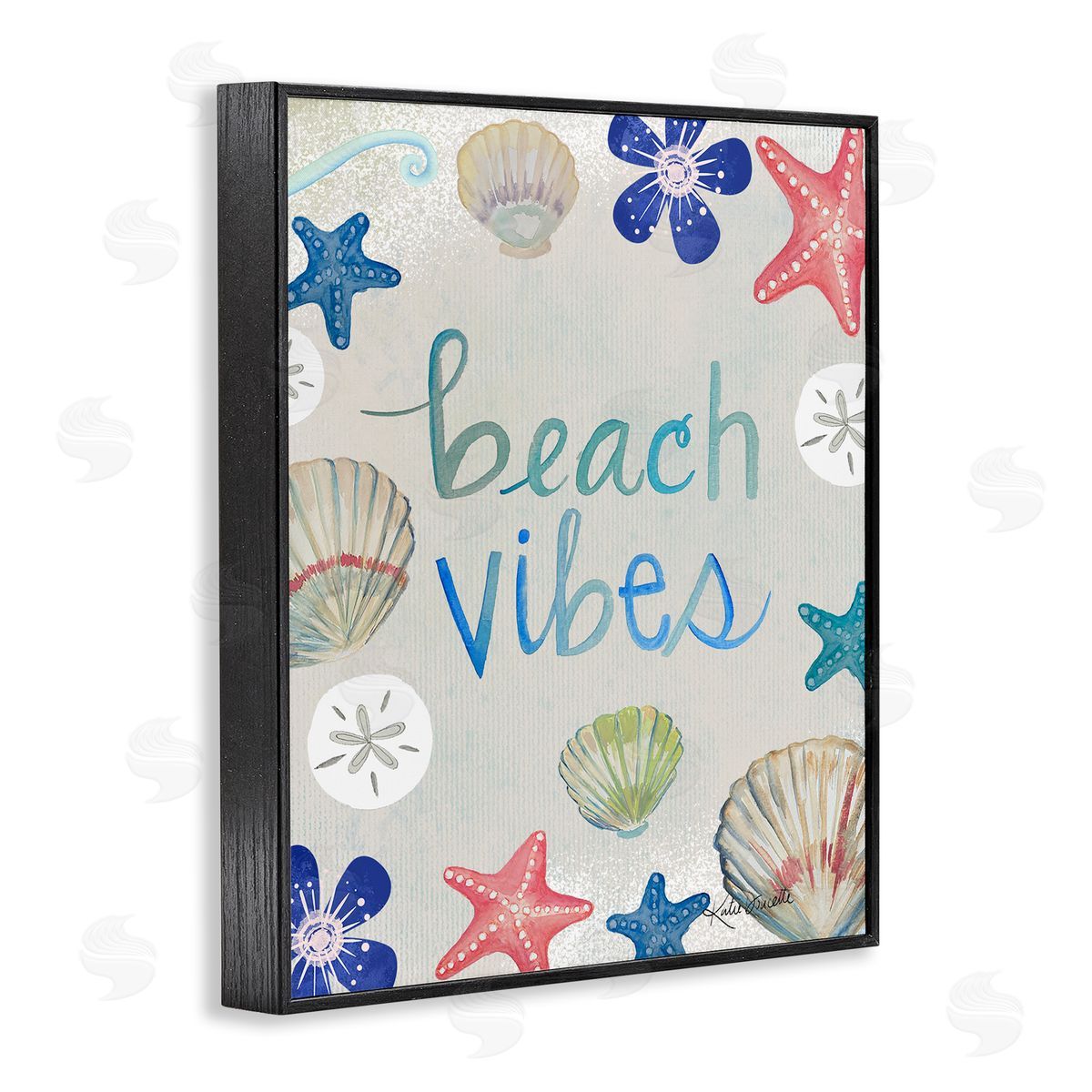 Katie Doucette Beach Vibes Calligraphy Nautical Seashell Flowers Black Framed Giclee Wall Art Print