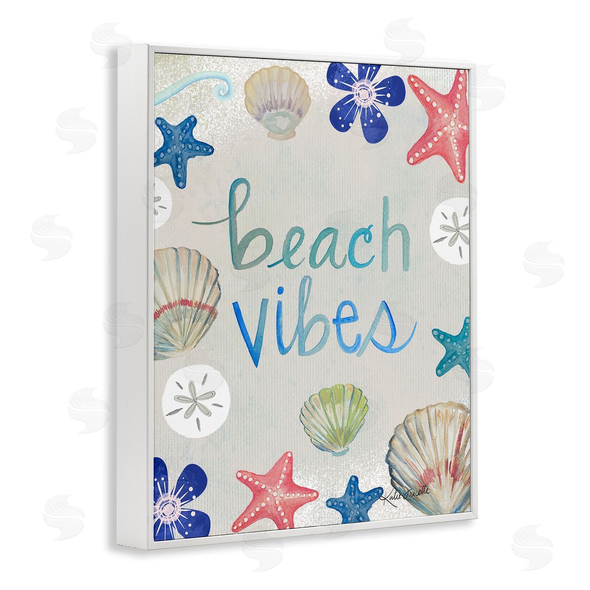 Katie Doucette Beach Vibes Calligraphy Nautical Seashell Flowers White Framed Giclee Wall Art Print