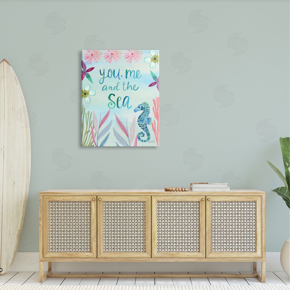 Katie Doucette You, Me & Sea Romanic Beach Lover Ocean Life Phrase Canvas Wall Art Print in Room