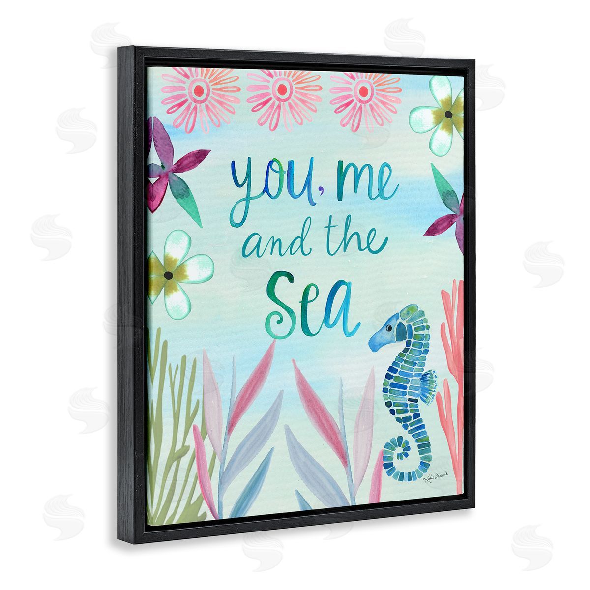 Katie Doucette You, Me & Sea Romanic Beach Lover Ocean Life Phrase Black Floating Frame Canvas Wall Art Print