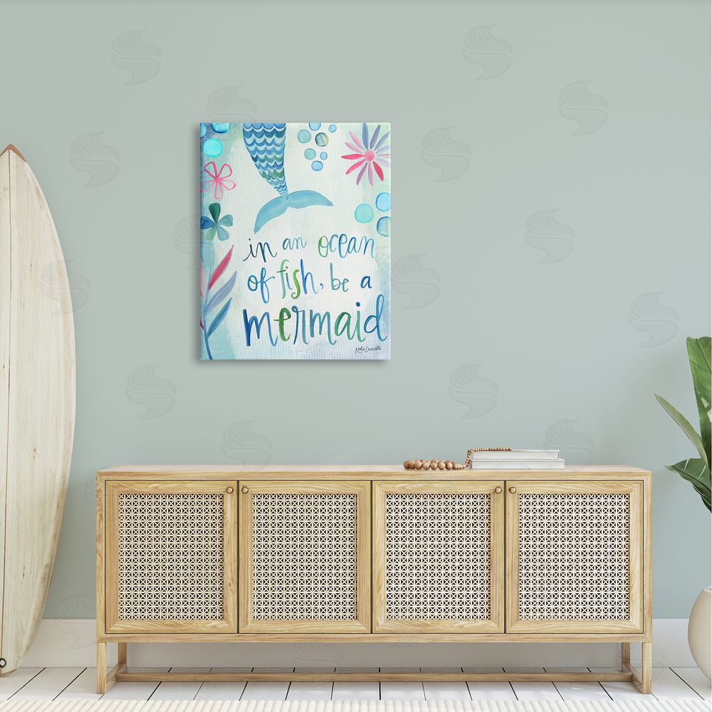 Katie Doucette Be a Mermaid Motivational Ocean Quote Flower Blossoms Canvas Wall Art Print in Room