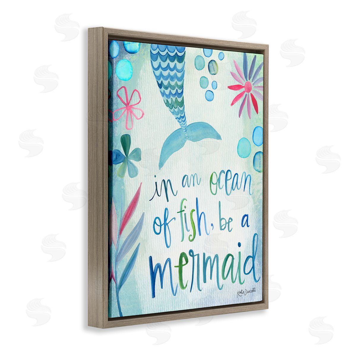 Katie Doucette Be a Mermaid Motivational Ocean Quote Flower Blossoms Brown Floating Frame Canvas Wall Art Print
