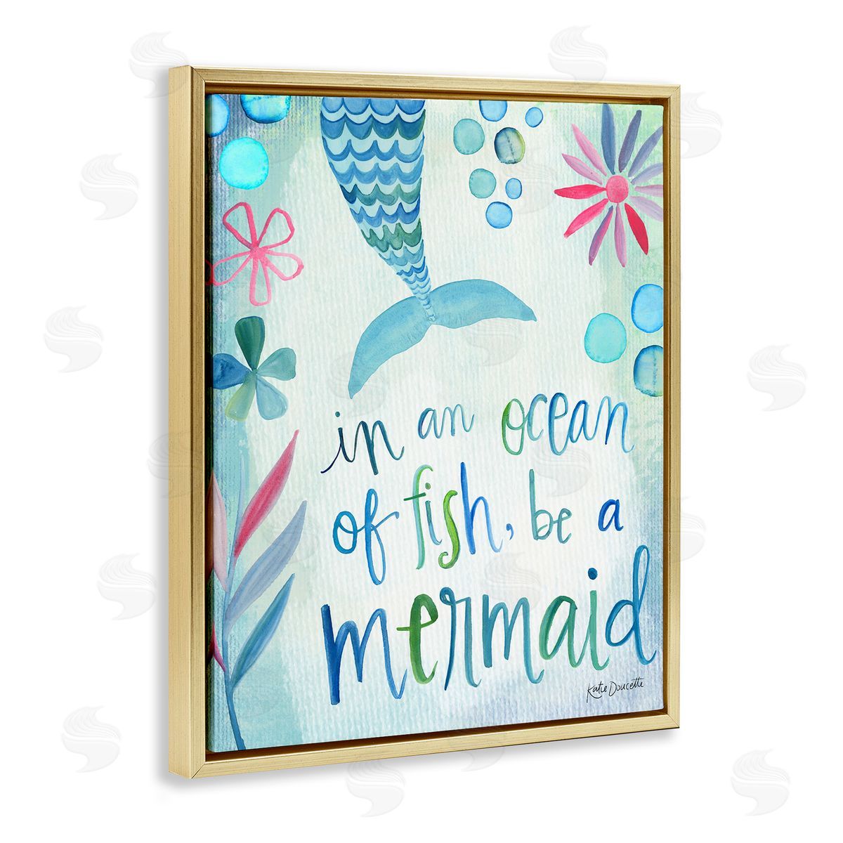 Katie Doucette Be a Mermaid Motivational Ocean Quote Flower Blossoms Gold Floating Frame Canvas Wall Art Print