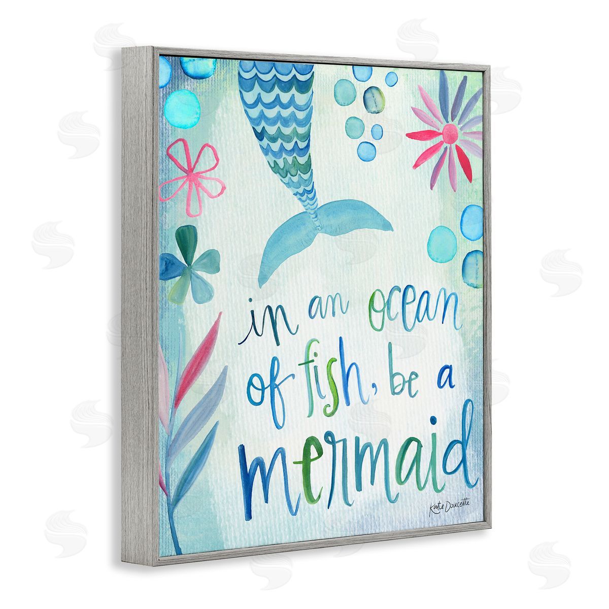 Katie Doucette Be a Mermaid Motivational Ocean Quote Flower Blossoms Gray Framed Giclee Wall Art Print