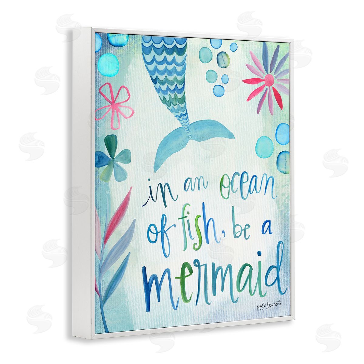 Katie Doucette Be a Mermaid Motivational Ocean Quote Flower Blossoms White Framed Giclee Wall Art Print