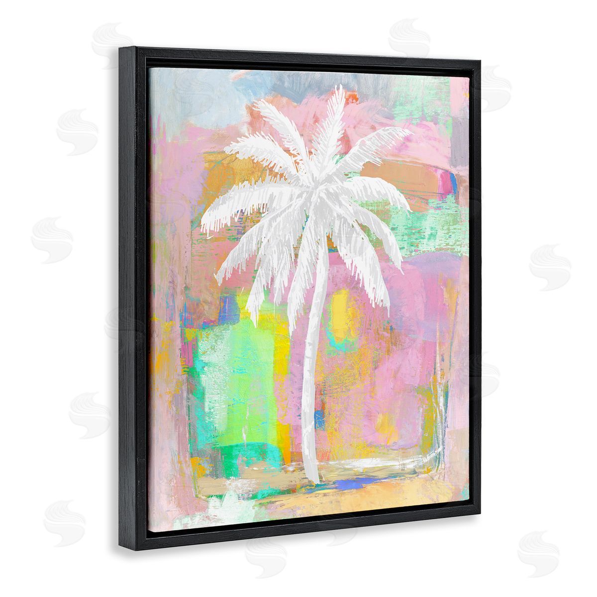 Kristen Drew Pastel Palm Tree Tropical Layered Brush Strokes Black Floating Frame Canvas Wall Art Print