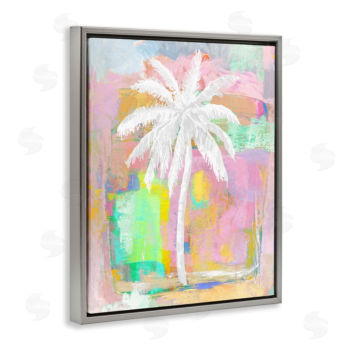 Kristen Drew Pastel Palm Tree Tropical Layered Brush Strokes Gray Floating Frame Canvas Wall Art Print
