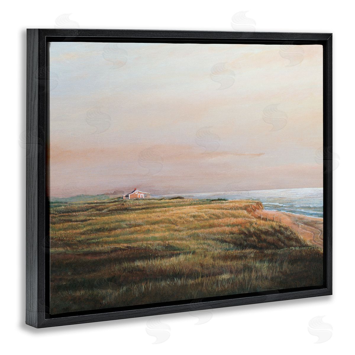 Tom Mielko Distant Seaside Cottage Rural Beach Ocean View Black Floating Frame Canvas Wall Art Print