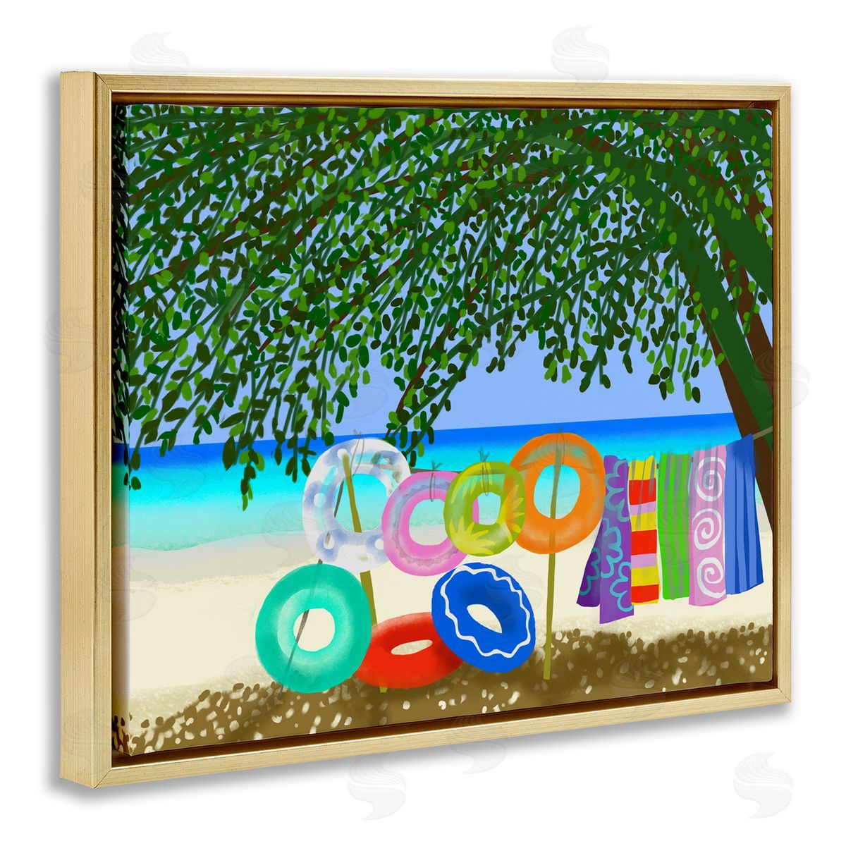 Maret Hensick Bold Beach Floats Overhanging Tree Coastal Shoreline Gold Floating Frame Canvas Wall Art Print