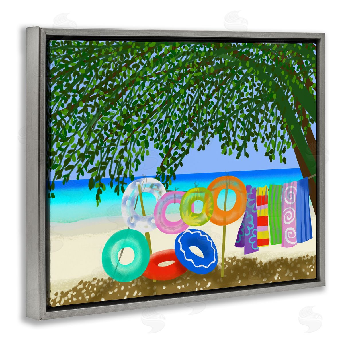 Maret Hensick Bold Beach Floats Overhanging Tree Coastal Shoreline Gray Floating Frame Canvas Wall Art Print