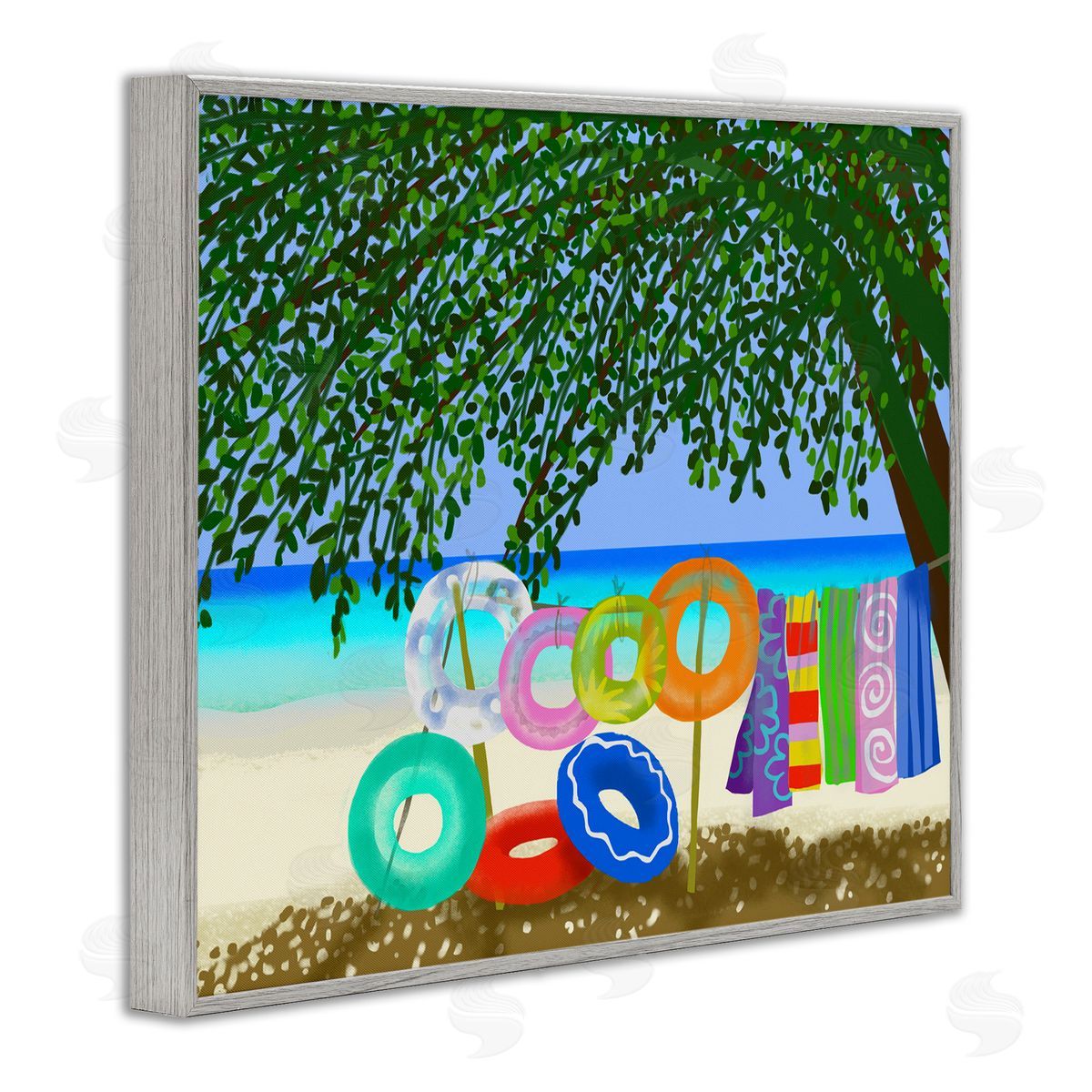 Maret Hensick Bold Beach Floats Overhanging Tree Coastal Shoreline Gray Framed Giclee Wall Art Print