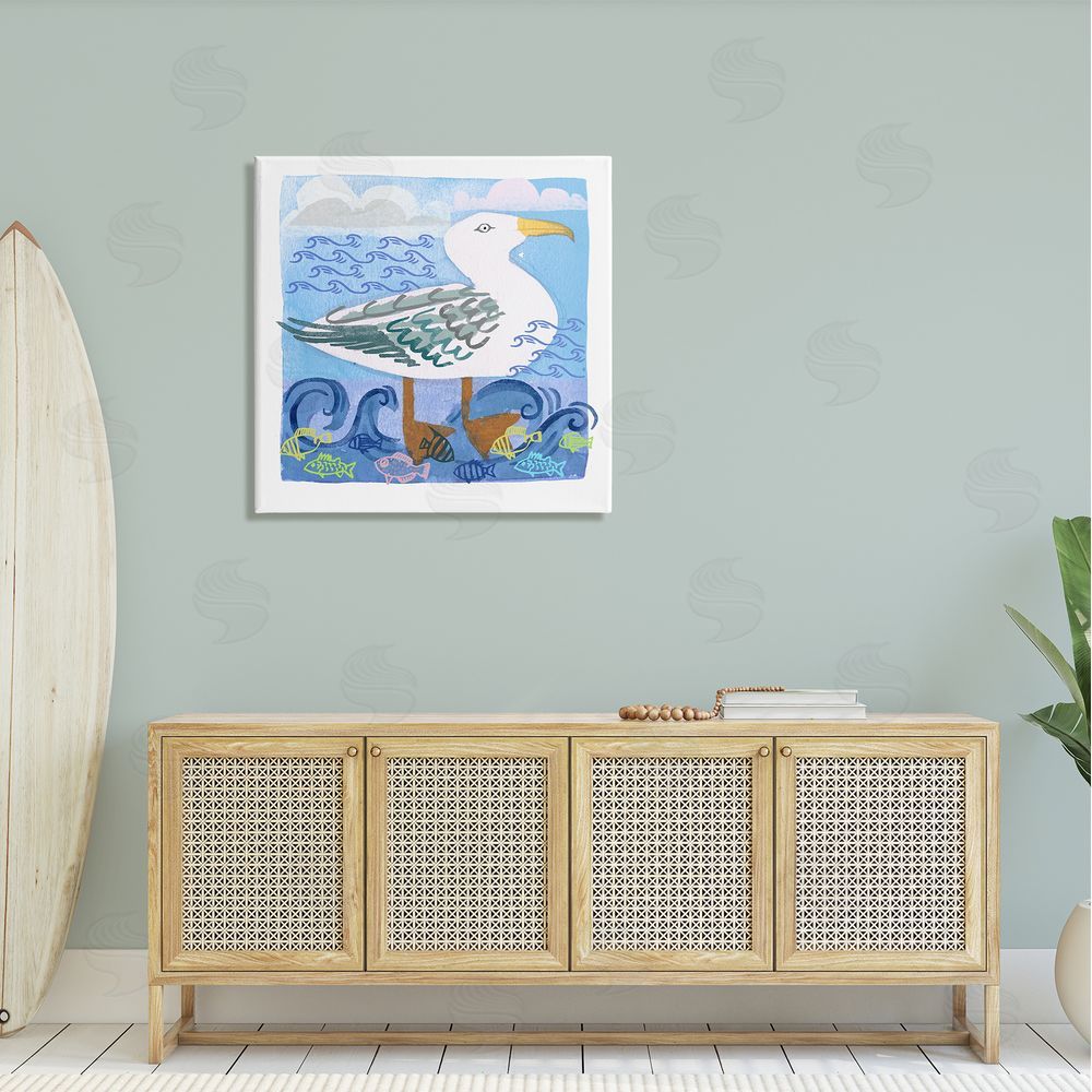 Maret Hensick Whimsical Seagull Bird Layered Ocean Waves Painting Canvas Wall Art in Room