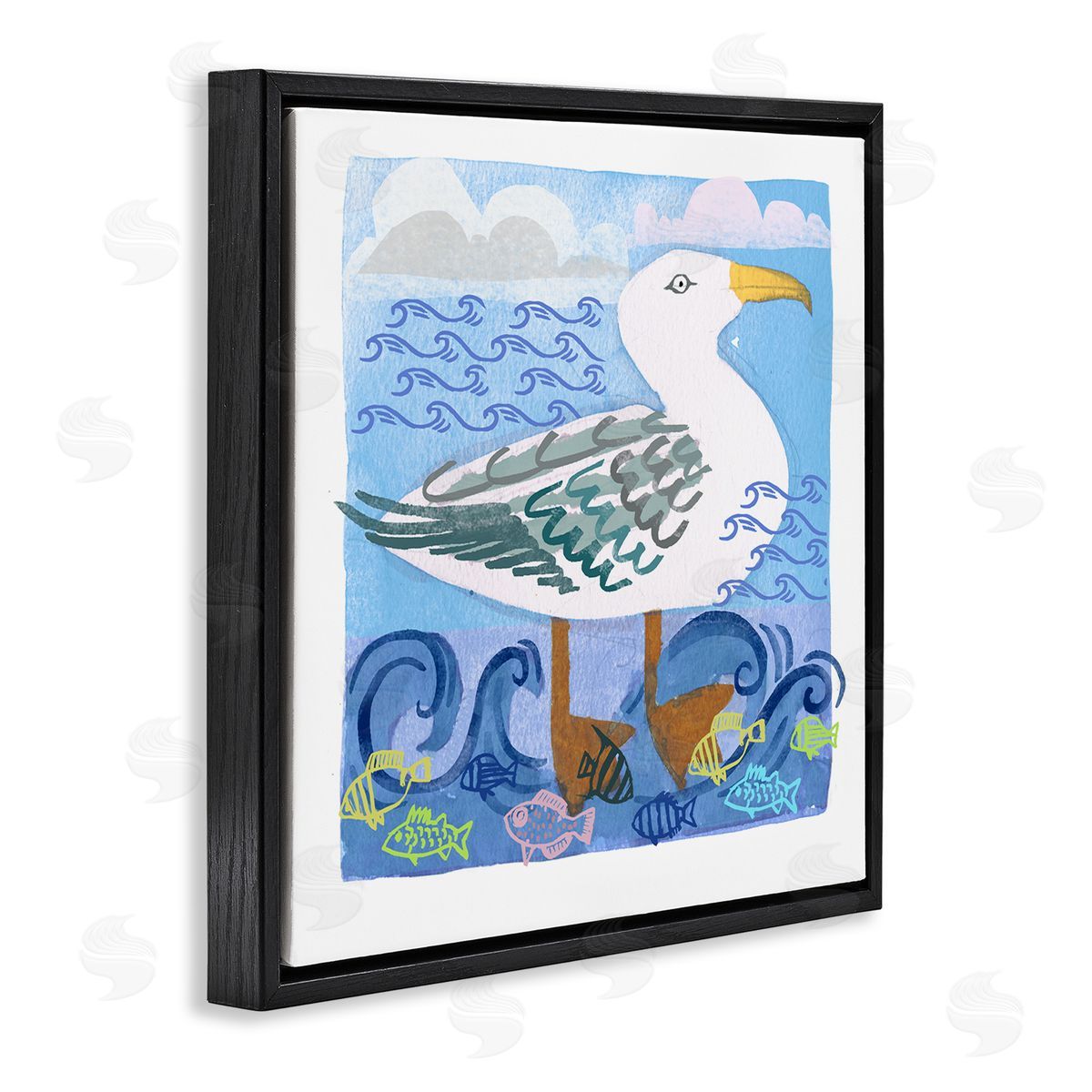 Maret Hensick Whimsical Seagull Bird Layered Ocean Waves Painting Black Floating Frame Canvas Wall Art Print