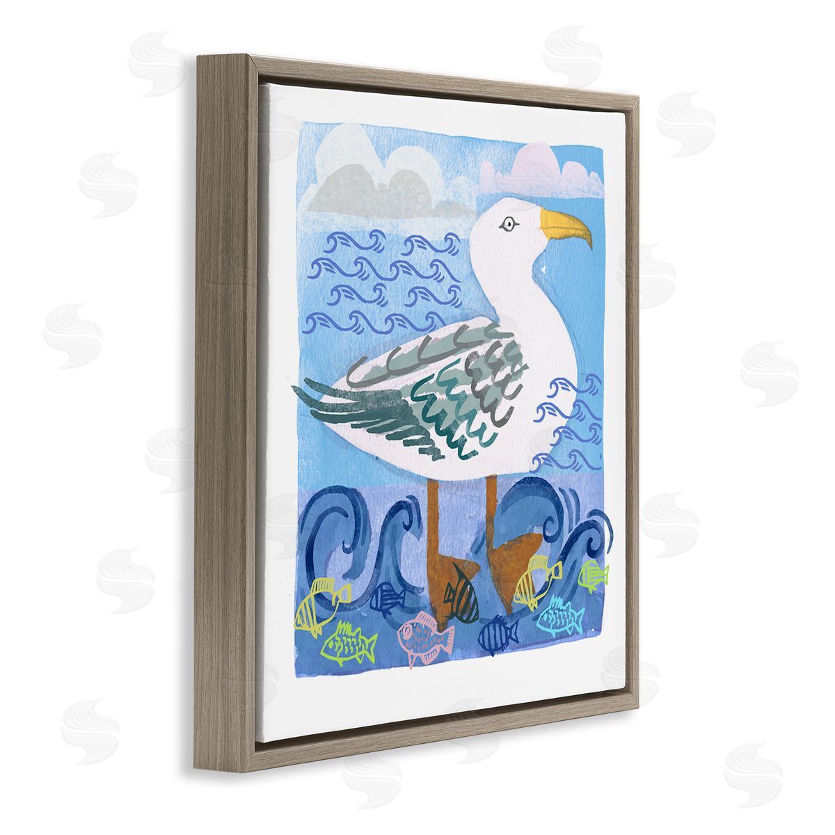 Maret Hensick Whimsical Seagull Bird Layered Ocean Waves Painting Brown Floating Frame Canvas Wall Art Print