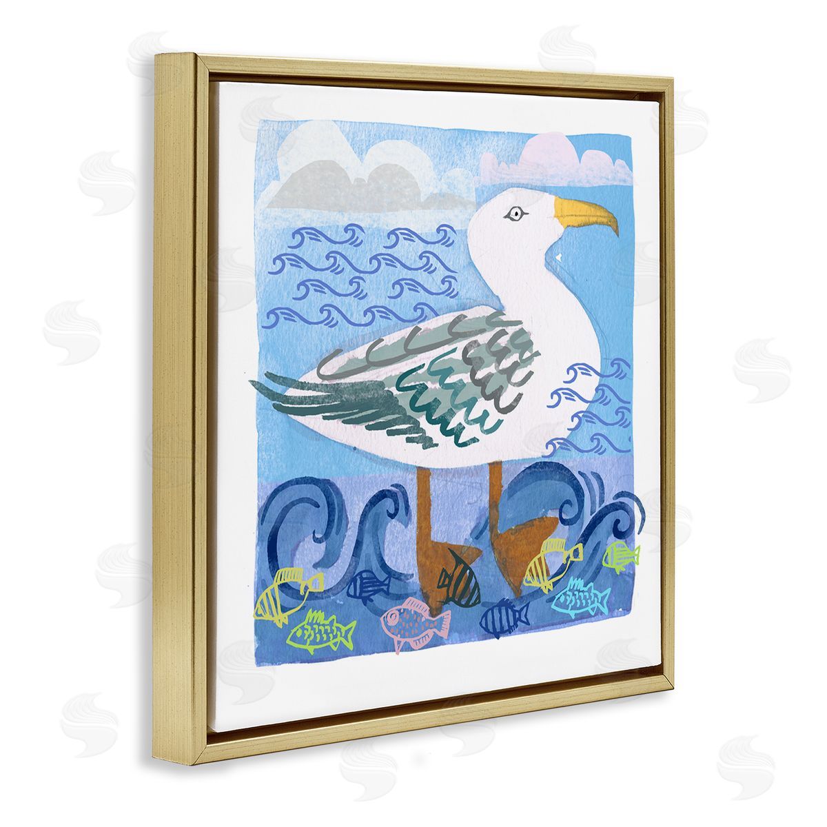 Maret Hensick Whimsical Seagull Bird Layered Ocean Waves Painting Gold Floating Frame Canvas Wall Art Print