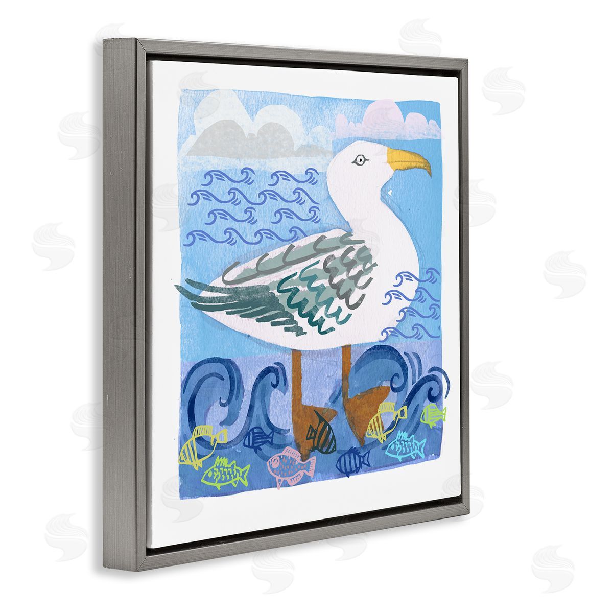 Maret Hensick Whimsical Seagull Bird Layered Ocean Waves Painting Gray Floating Frame Canvas Wall Art Print