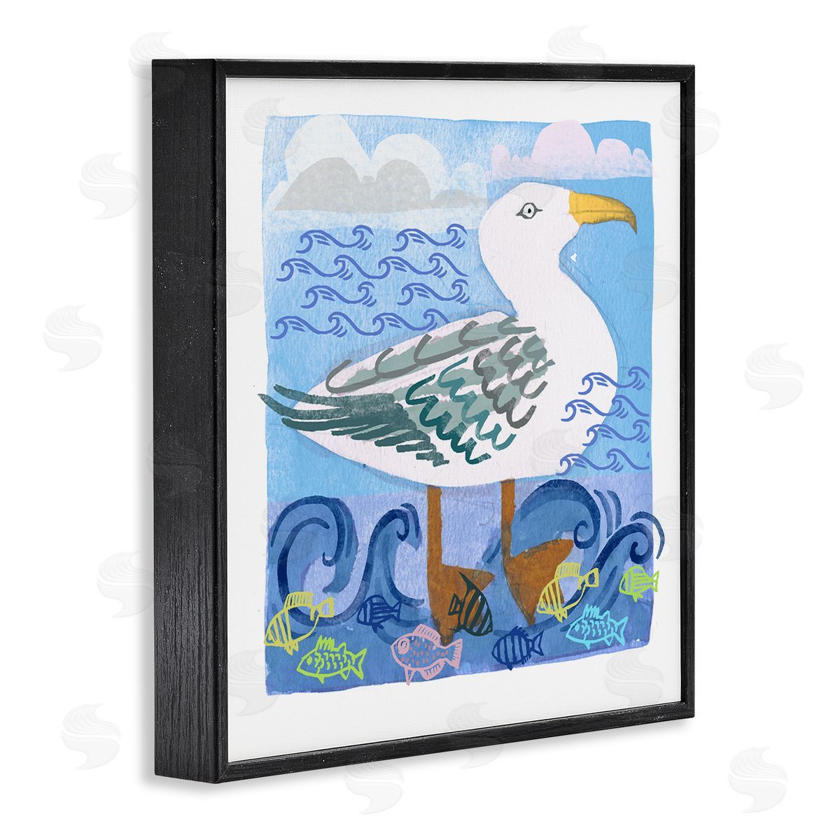 Maret Hensick Whimsical Seagull Bird Layered Ocean Waves Painting Black Framed Glicee Wall Art Print