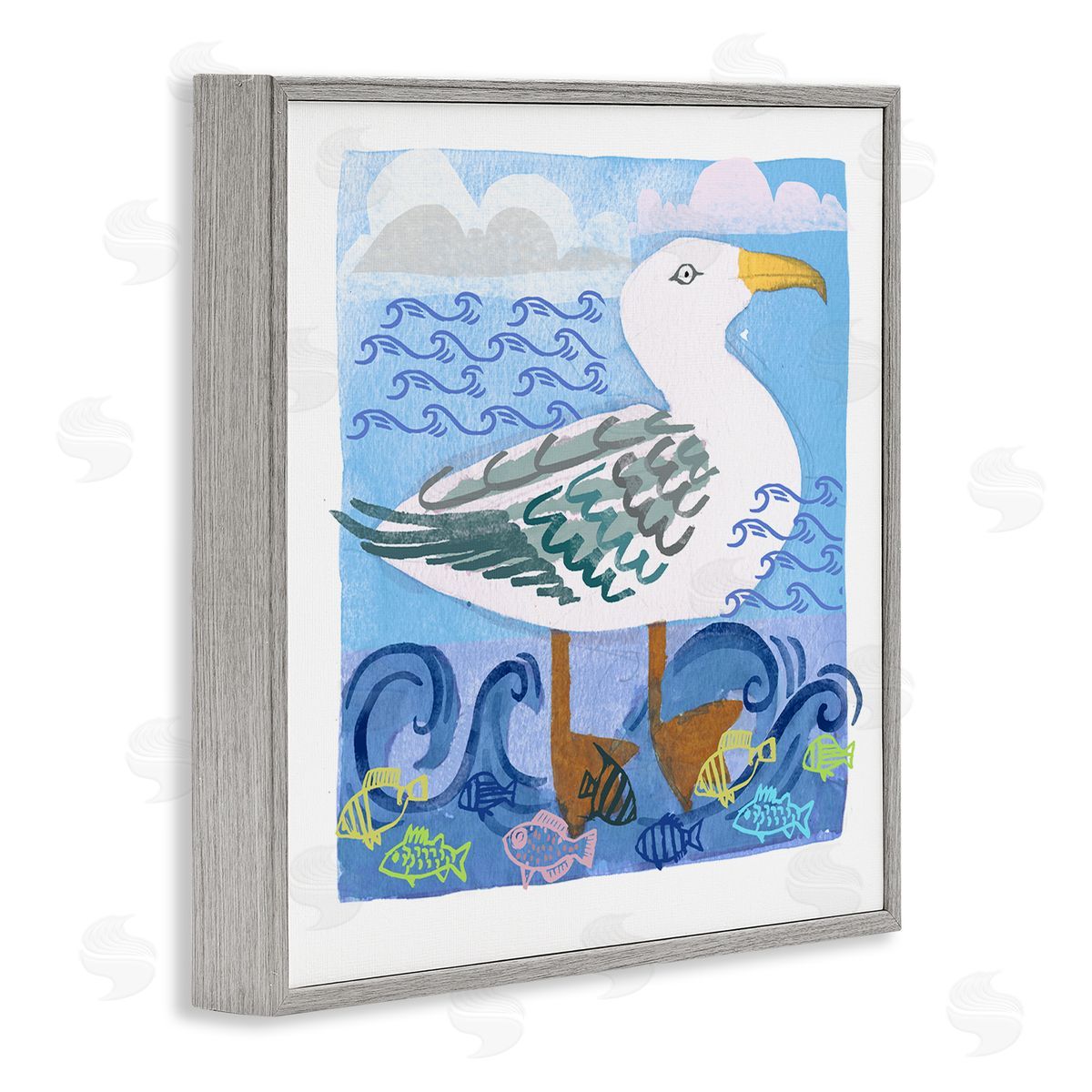 Maret Hensick Whimsical Seagull Bird Layered Ocean Waves Painting Gray Framed Glicee Wall Art Print