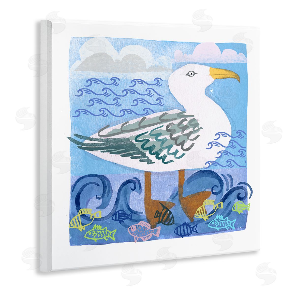 Maret Hensick Whimsical Seagull Bird Layered Ocean Waves Painting Wooden Wall Plaque Art Print
