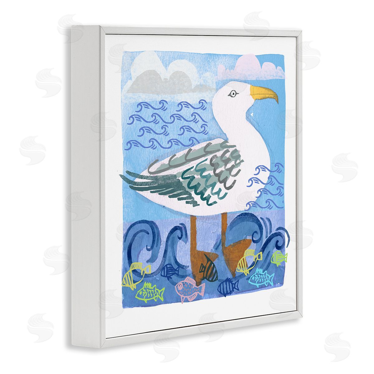 Maret Hensick Whimsical Seagull Bird Layered Ocean Waves Painting White Framed Glicee Wall Art Print