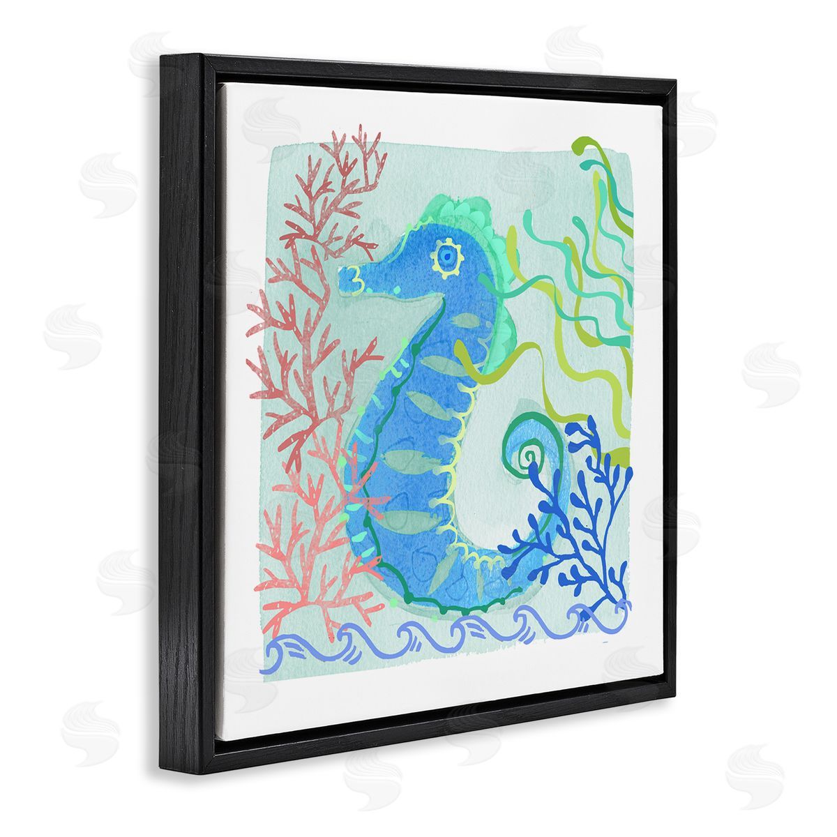 Maret Hensick Funky Seahorse Portrait Layered Sea Life Botanicals Black Floating Frame Canvas Wall Art Print
