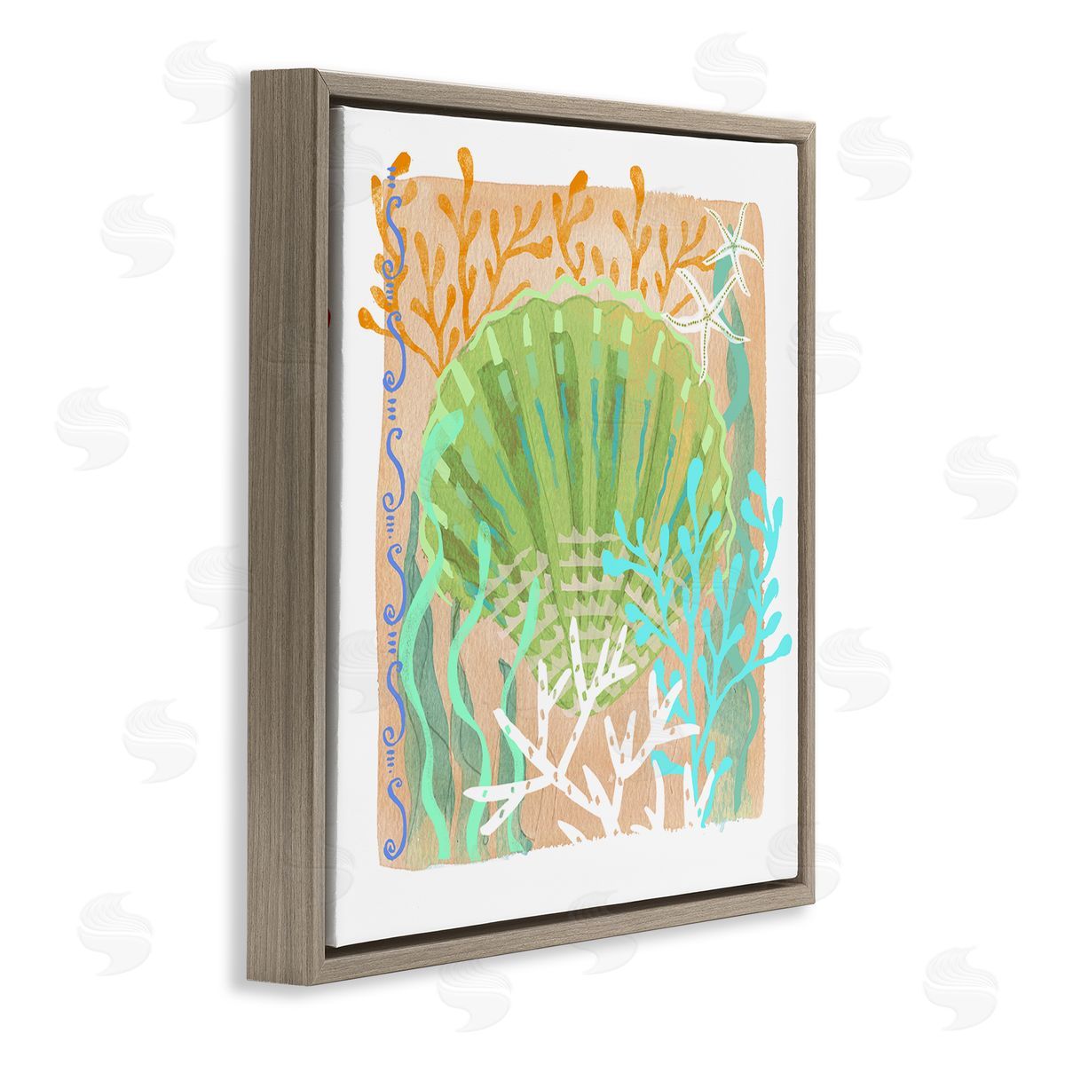 Maret Hensick Vivid Coral Overlay Beach Seashell Watercolor Pattern Brown Floating Frame Canvas Wall Art Print
