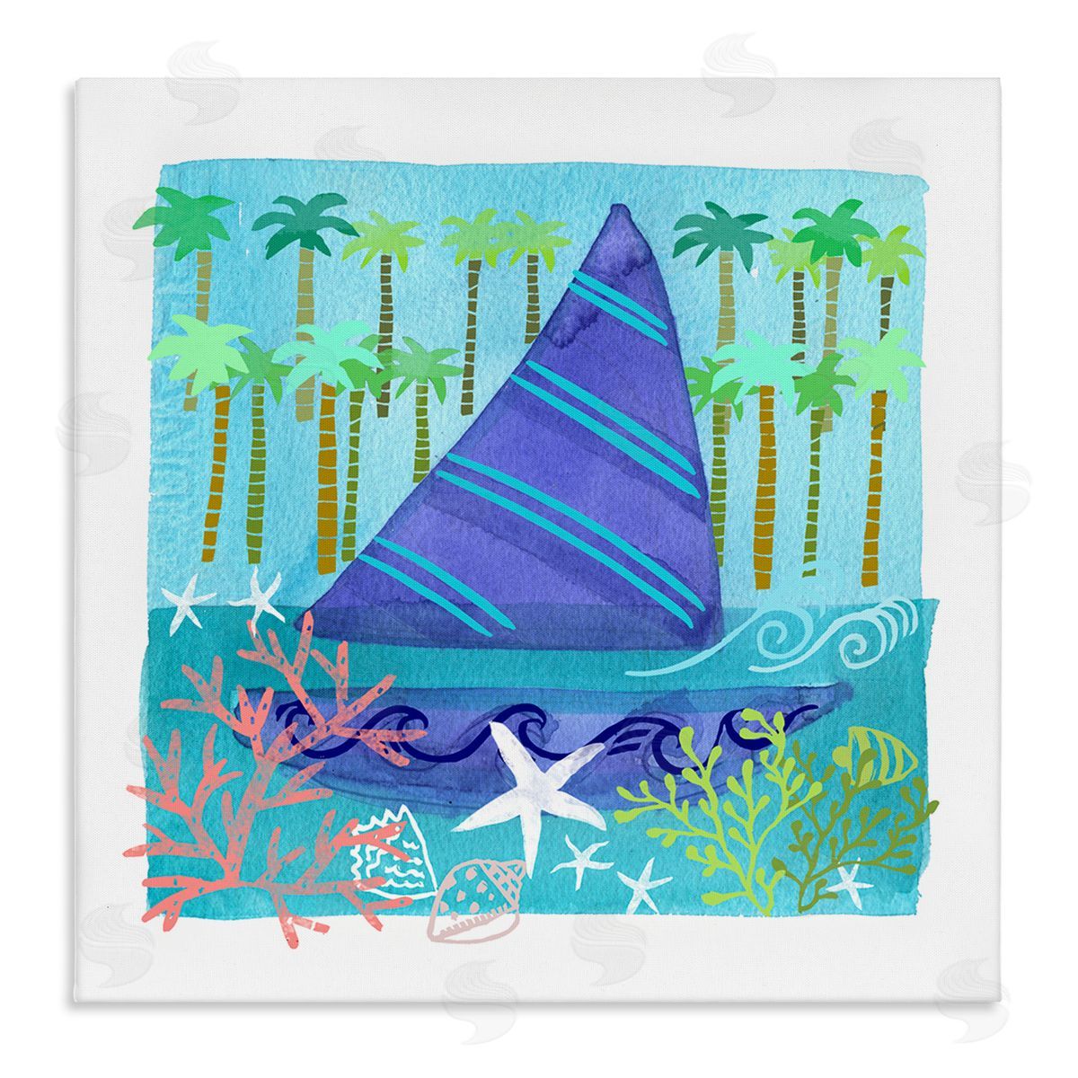 Maret Hensick Funky Sailboat Coastal Layered Palm Trees Seashells Stretched Canvas Wall Art Print
