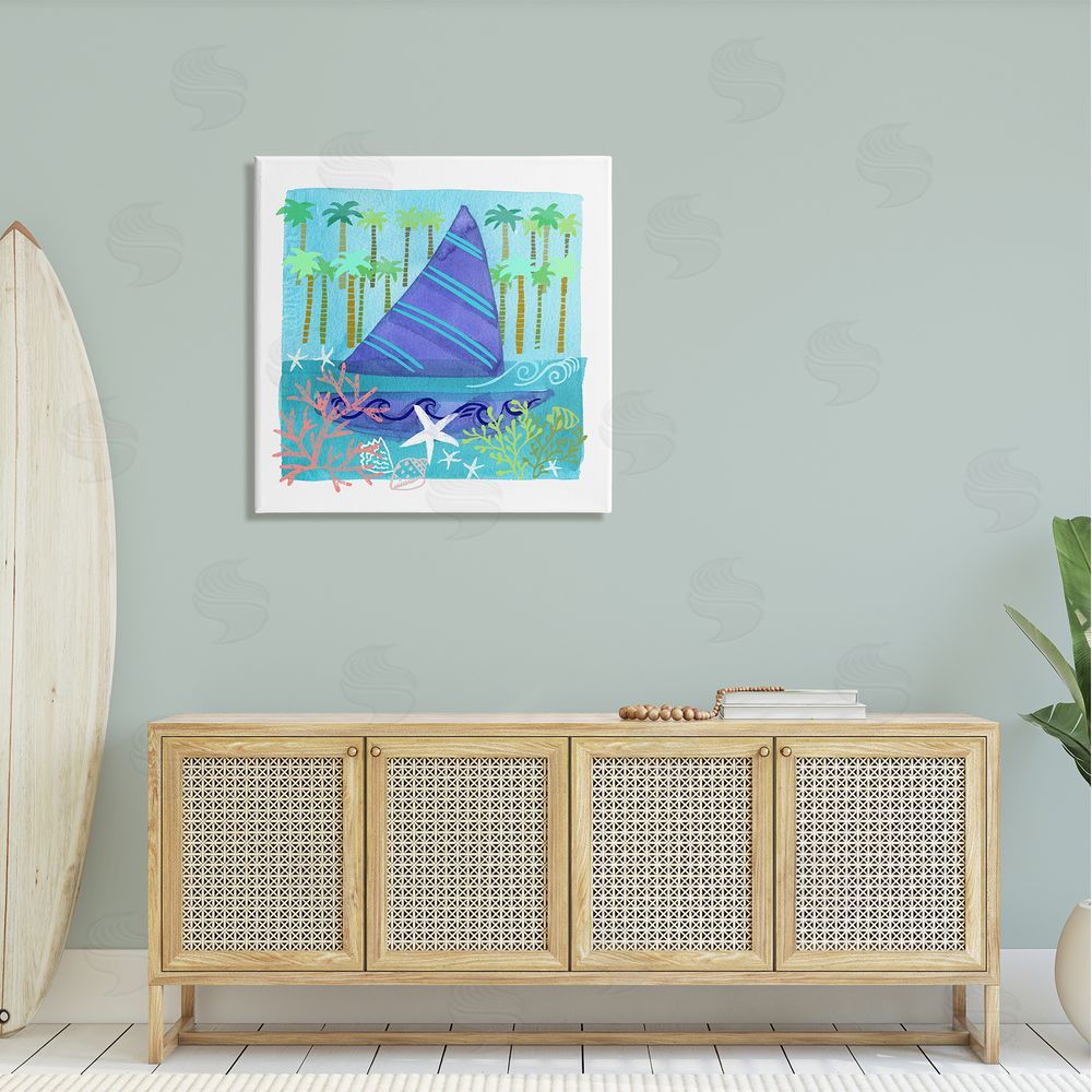 Maret Hensick Funky Sailboat Coastal Layered Palm Trees Seashells Canvas Wall Art in Room