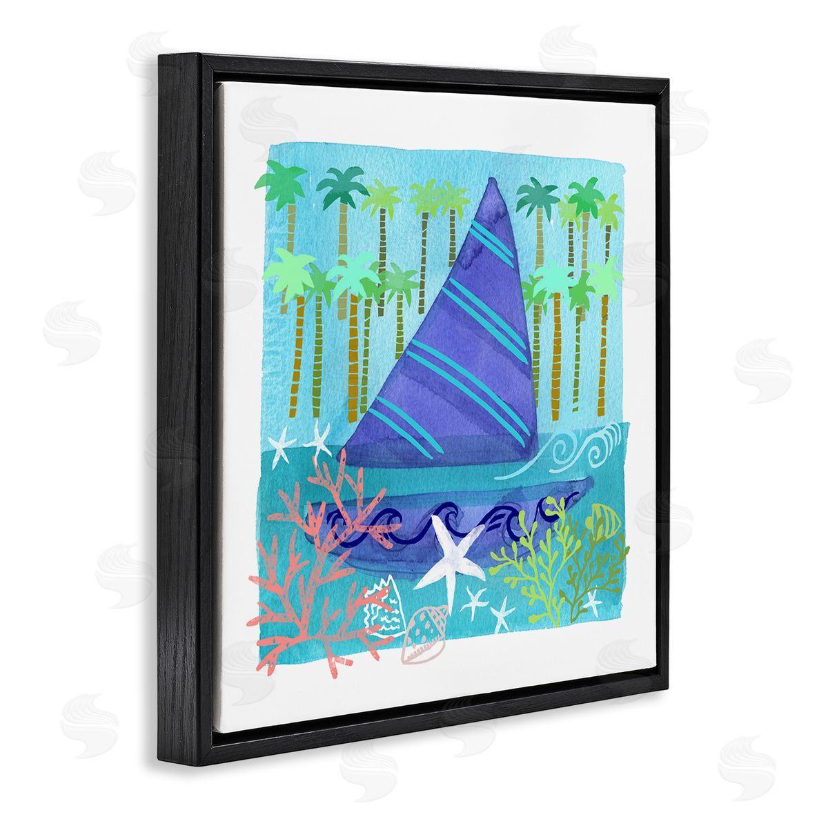 Maret Hensick Funky Sailboat Coastal Layered Palm Trees Seashells Black Floating Frame Canvas Wall Art Print