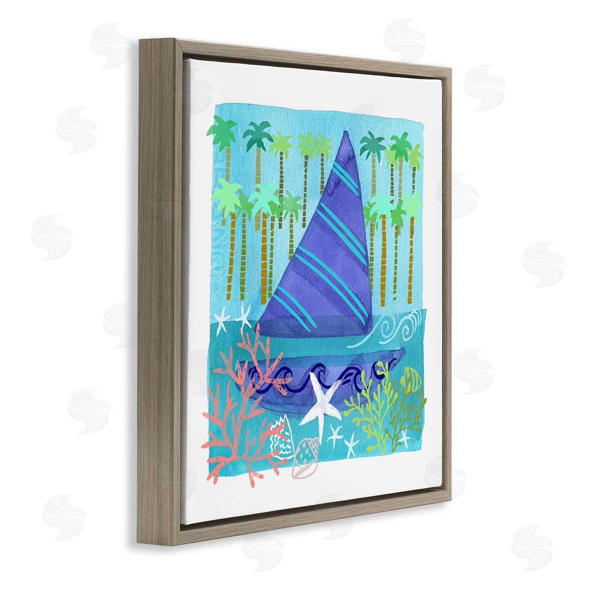 Maret Hensick Funky Sailboat Coastal Layered Palm Trees Seashells Brown Floating Frame Canvas Wall Art Print