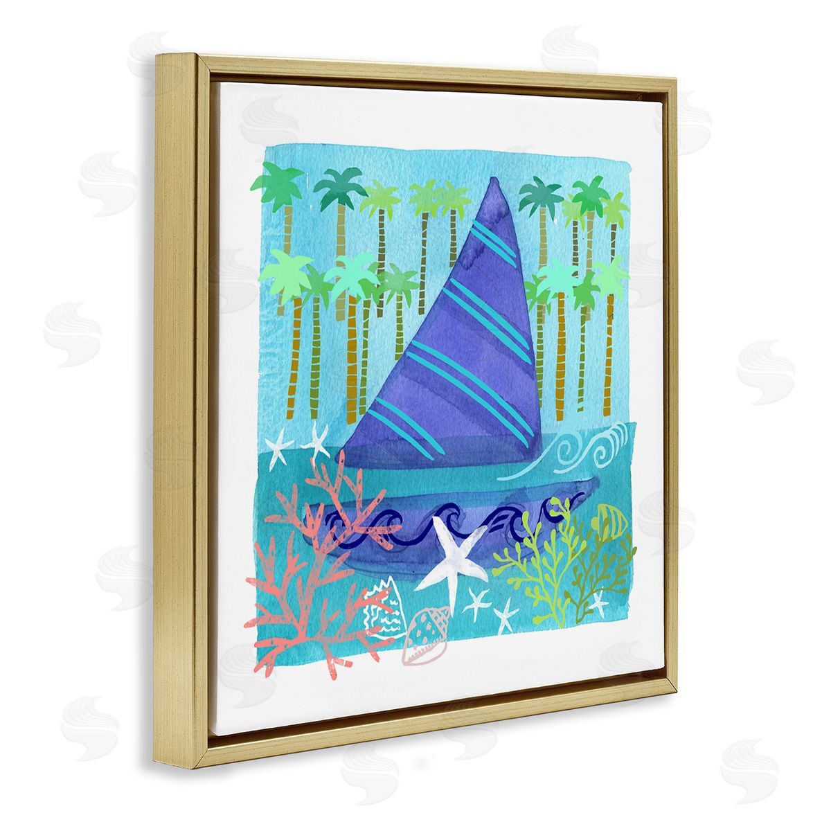 Maret Hensick Funky Sailboat Coastal Layered Palm Trees Seashells Gold Floating Frame Canvas Wall Art Print