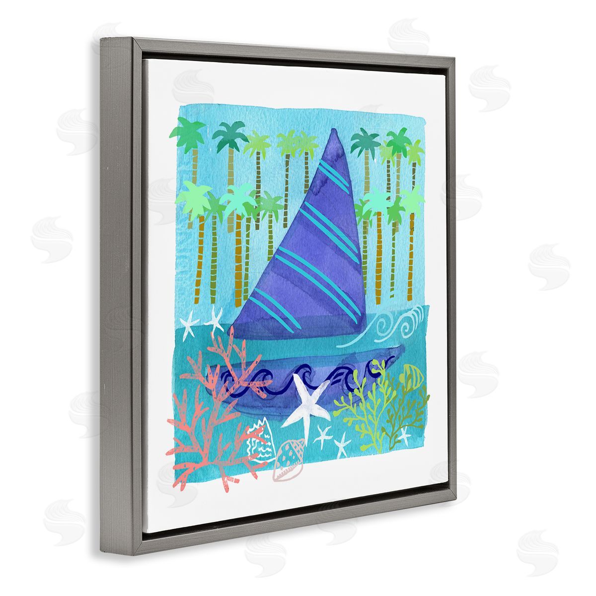 Maret Hensick Funky Sailboat Coastal Layered Palm Trees Seashells Gray Floating Frame Canvas Wall Art Print