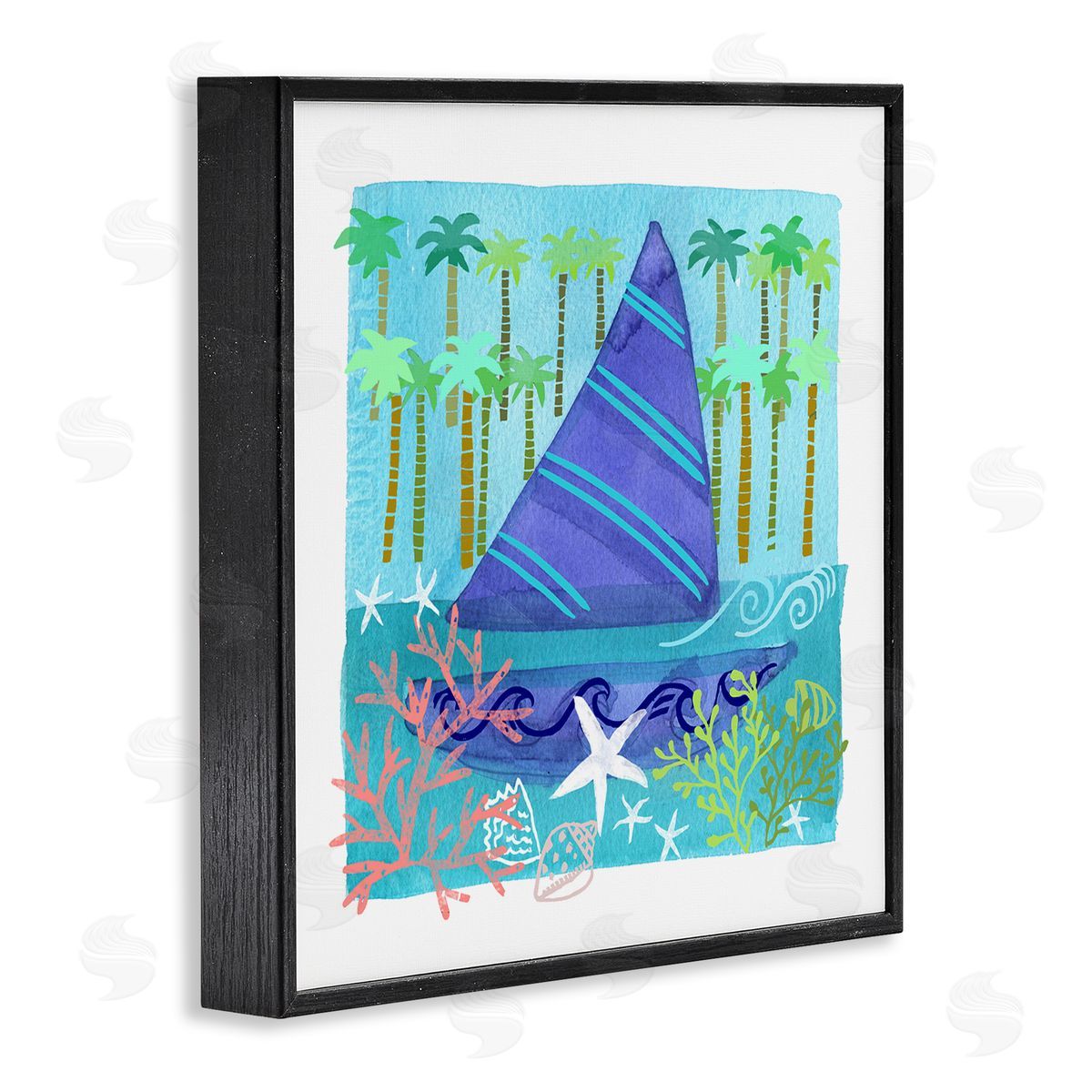 Maret Hensick Funky Sailboat Coastal Layered Palm Trees Seashells Black Framed Glicee Wall Art Print