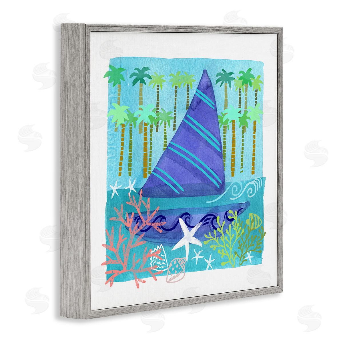 Maret Hensick Funky Sailboat Coastal Layered Palm Trees Seashells Gray Framed Glicee Wall Art Print