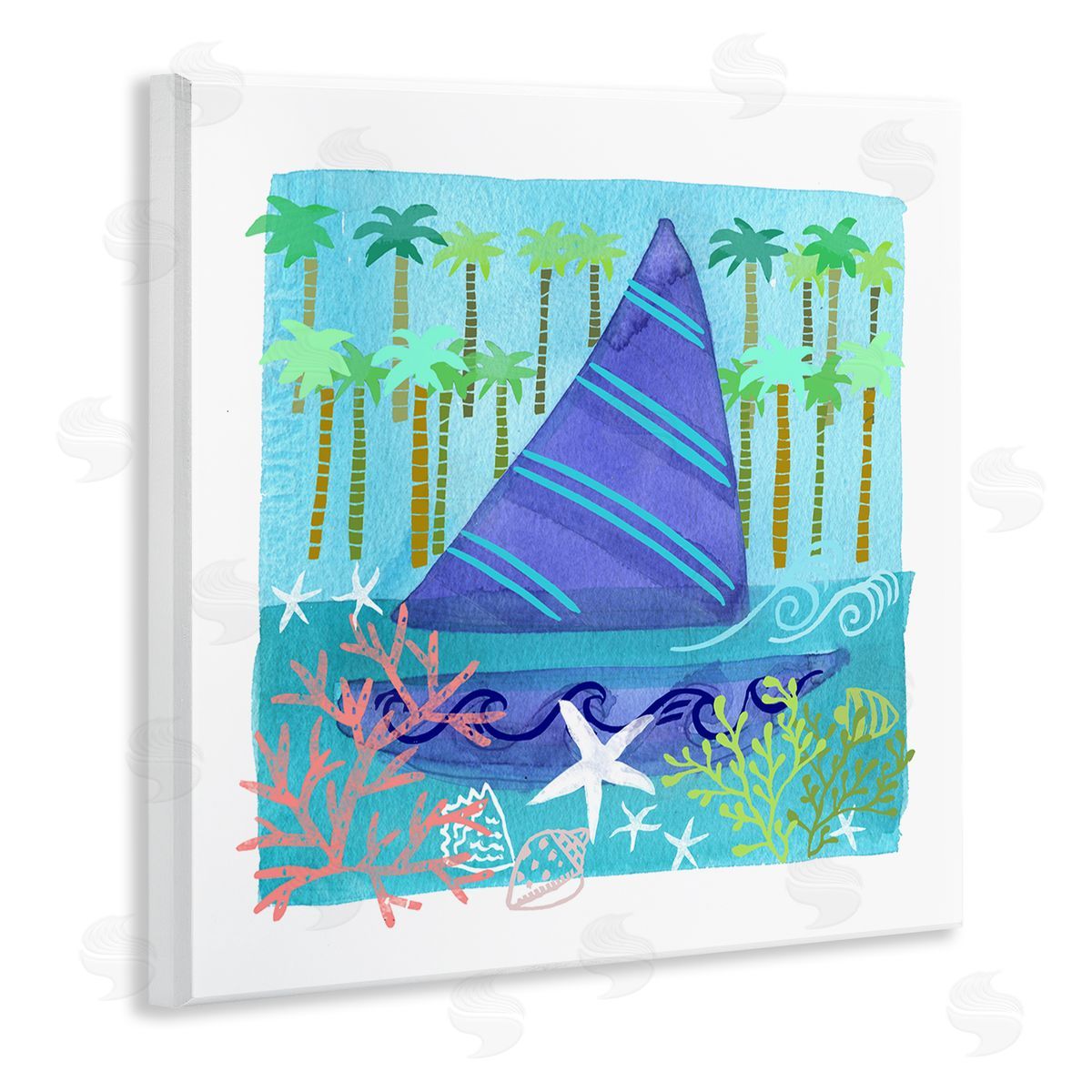 Maret Hensick Funky Sailboat Coastal Layered Palm Trees Seashells Wooden Wall Plaque Art Print