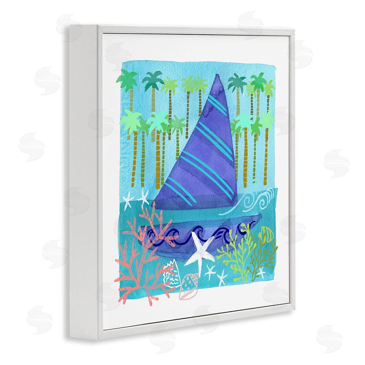 Maret Hensick Funky Sailboat Coastal Layered Palm Trees Seashells White Framed Glicee Wall Art Print