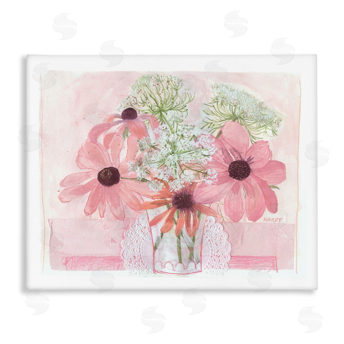 Maret Hensick Delicate Pink Flower Blossoms Bouquet Doily Vase Stretched Canvas Wall Art Print