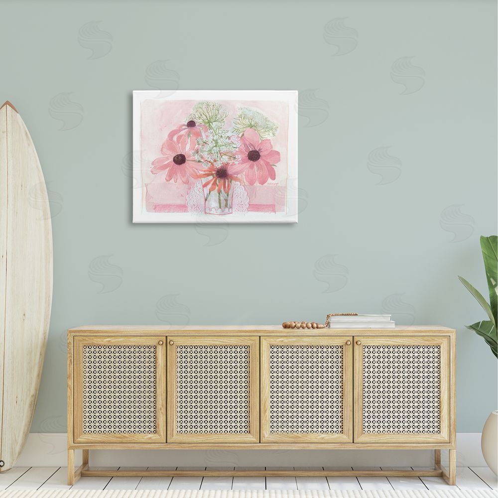 Maret Hensick Delicate Pink Flower Blossoms Bouquet Doily Vase Canvas Wall Art Print in Room