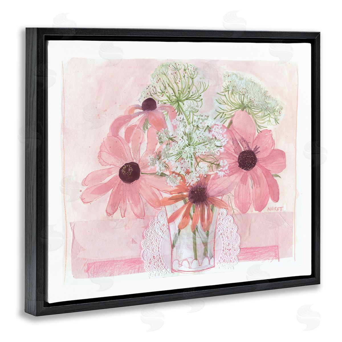 Maret Hensick Delicate Pink Flower Blossoms Bouquet Doily Vase Black Floating Frame Canvas Wall Art Print